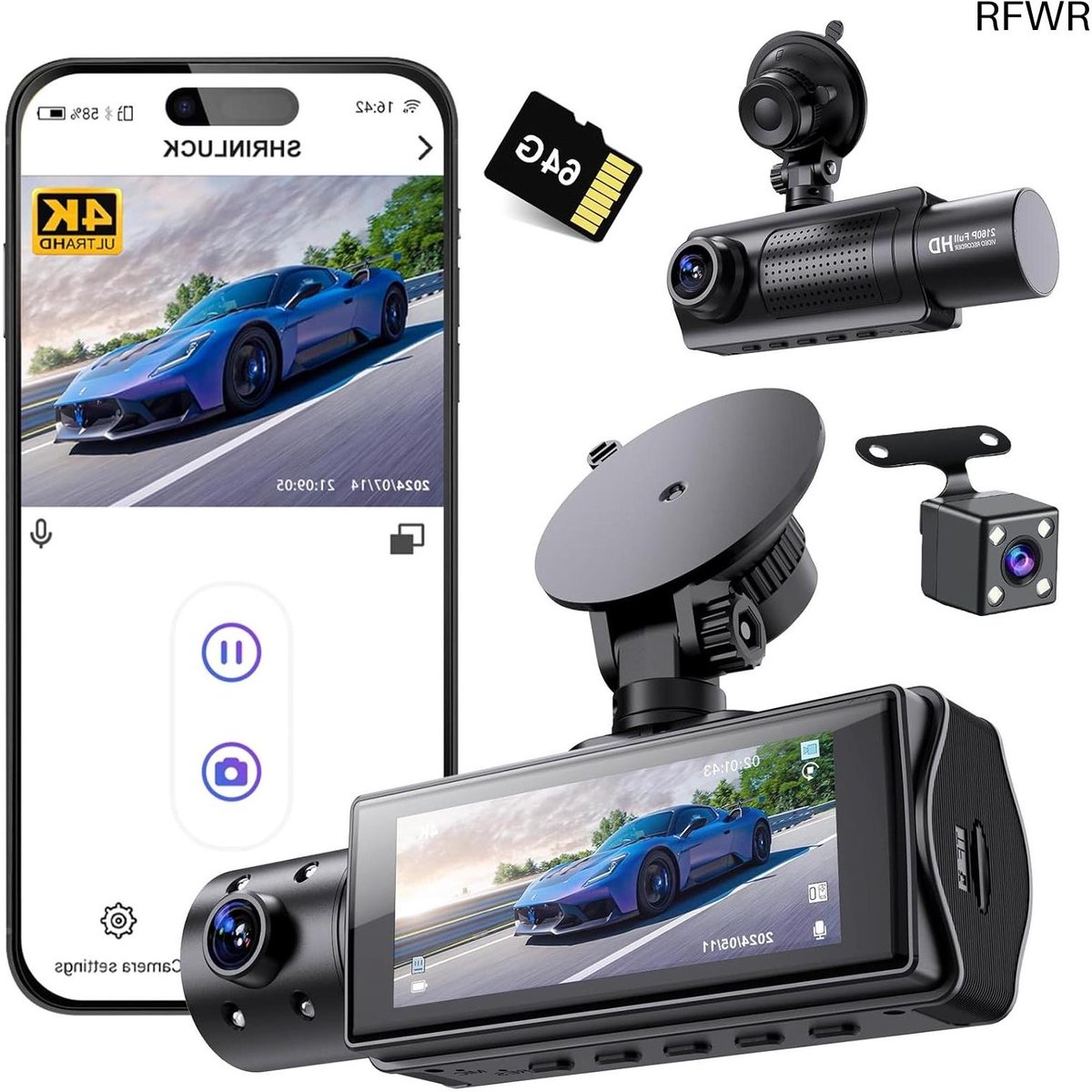 3 Kanaals Dashcam - Autocamera Set - Verkeersveiligheid Ondersteunen - 4K Voor 1080p Binnen/Achter - Inclusief 64GB Kaart - Zilver