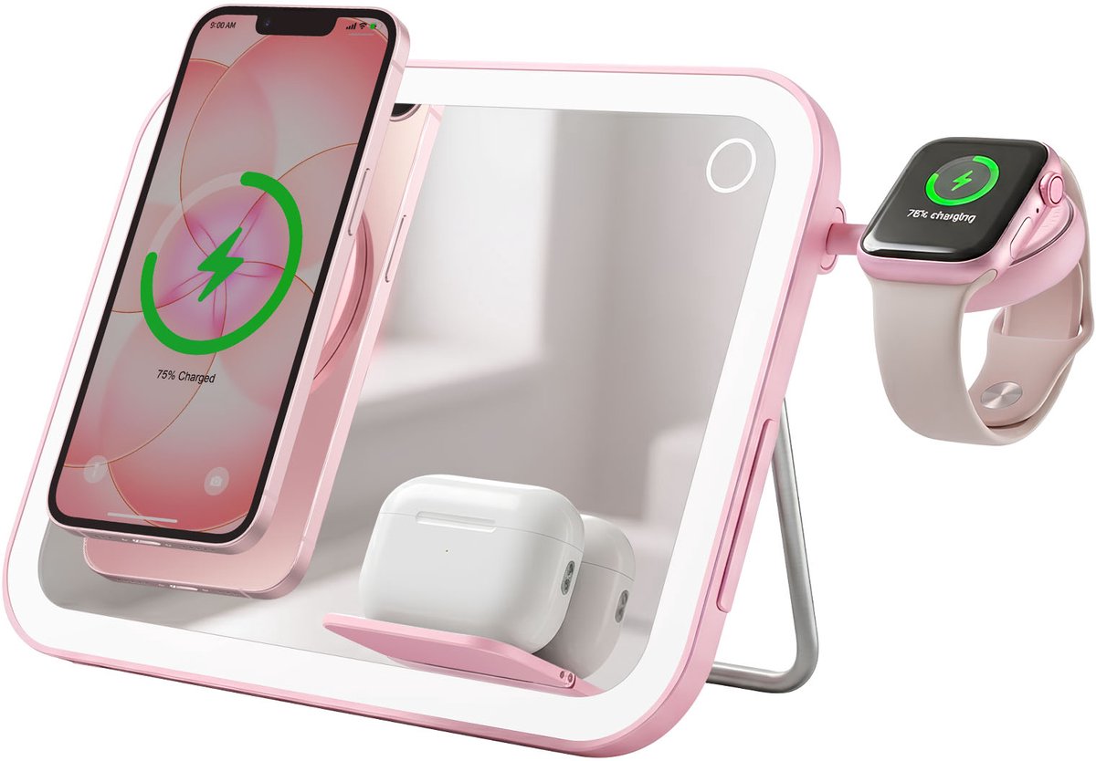 Forcell, 3-in-1 Magnetisch Oplaadstation MagSafe en Qi2 met LED-Spiegel 15W, Roze