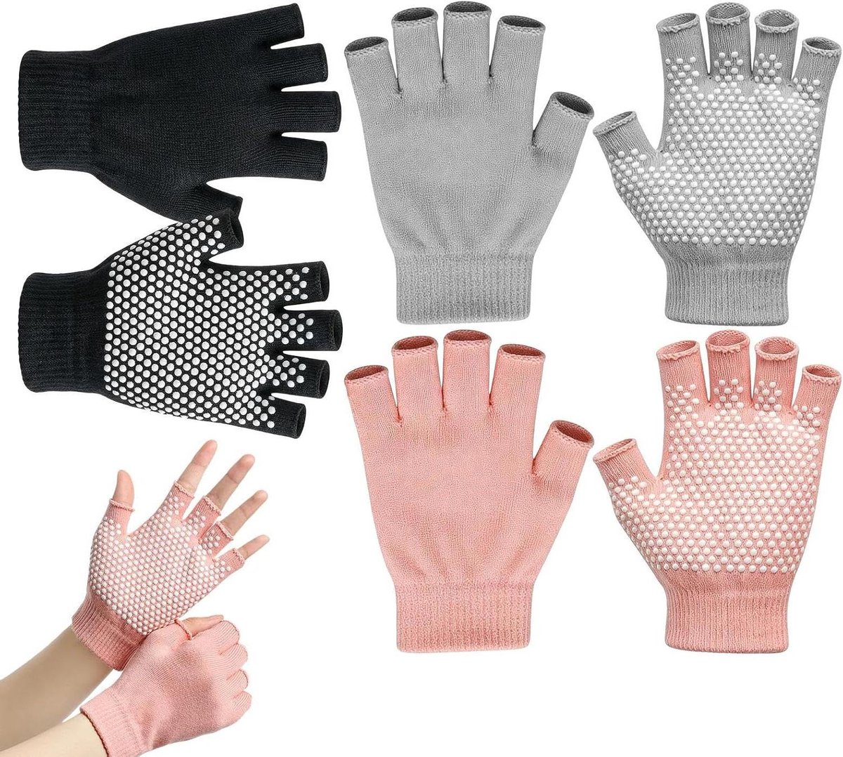 Pilates handschoenen - Vingerloze wanten - Fitness training - Antislip grip technologie - 3 paar - Grijs