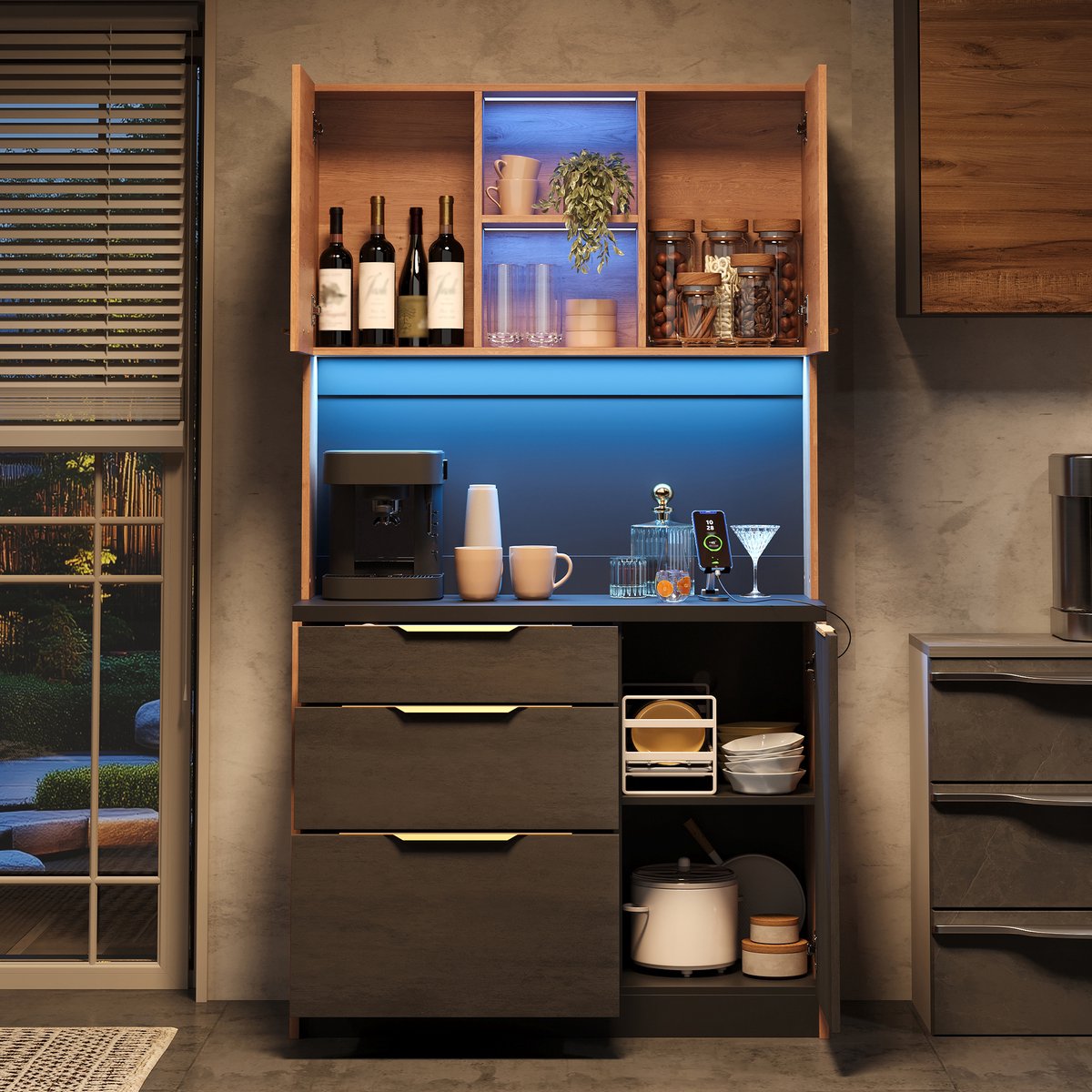 WELLTIN Stijlvol hoog keukenkastje van 100x40x180 cm, betonlook, zwart werkblad, verstelbare ledverlichting, Europese standaard stopcontact, geschikt voor keukens, woonkamers, appartementen - Zwart