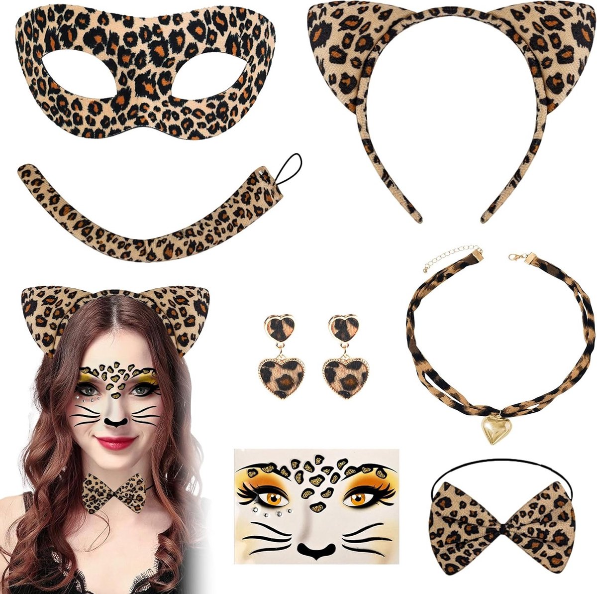 Dames Kostuum Set met Luipaard Thema, 7-delige Set met Oren, Staart, Masker, Choker, Oorbellen en Tattoo Stickers voor Carnaval en Cosplay