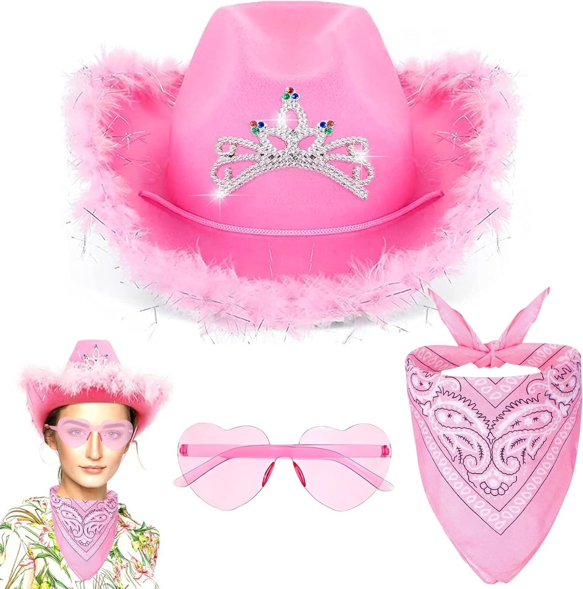 Cowboyhoed set voor dames, 3 stuks met roze hoed, veer, feestbril en bandana, ideaal voor cosplay, Halloween en carnaval, kostuumaccessoires