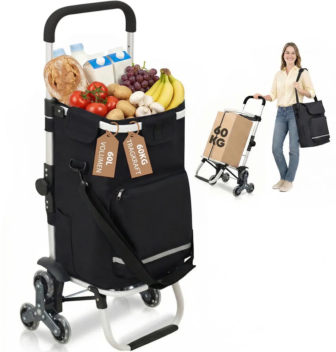 Opvouwbare Boodschappentrolley 60L – 3-in-1 Handkar met Koelvak, Traploopfunctie & 6 Wielen – Lichtgewicht Aluminium Frame – Boodschappenkar voor Ouderen