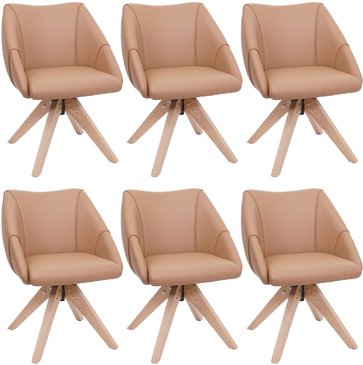 MCW Set van 6 eetkamerstoelen MCW-Q52, keukenstoel, draaistoel, gestoffeerde stoel, eettafelstoel, draaibaar, hout, kunstleer ~ lichtbruin