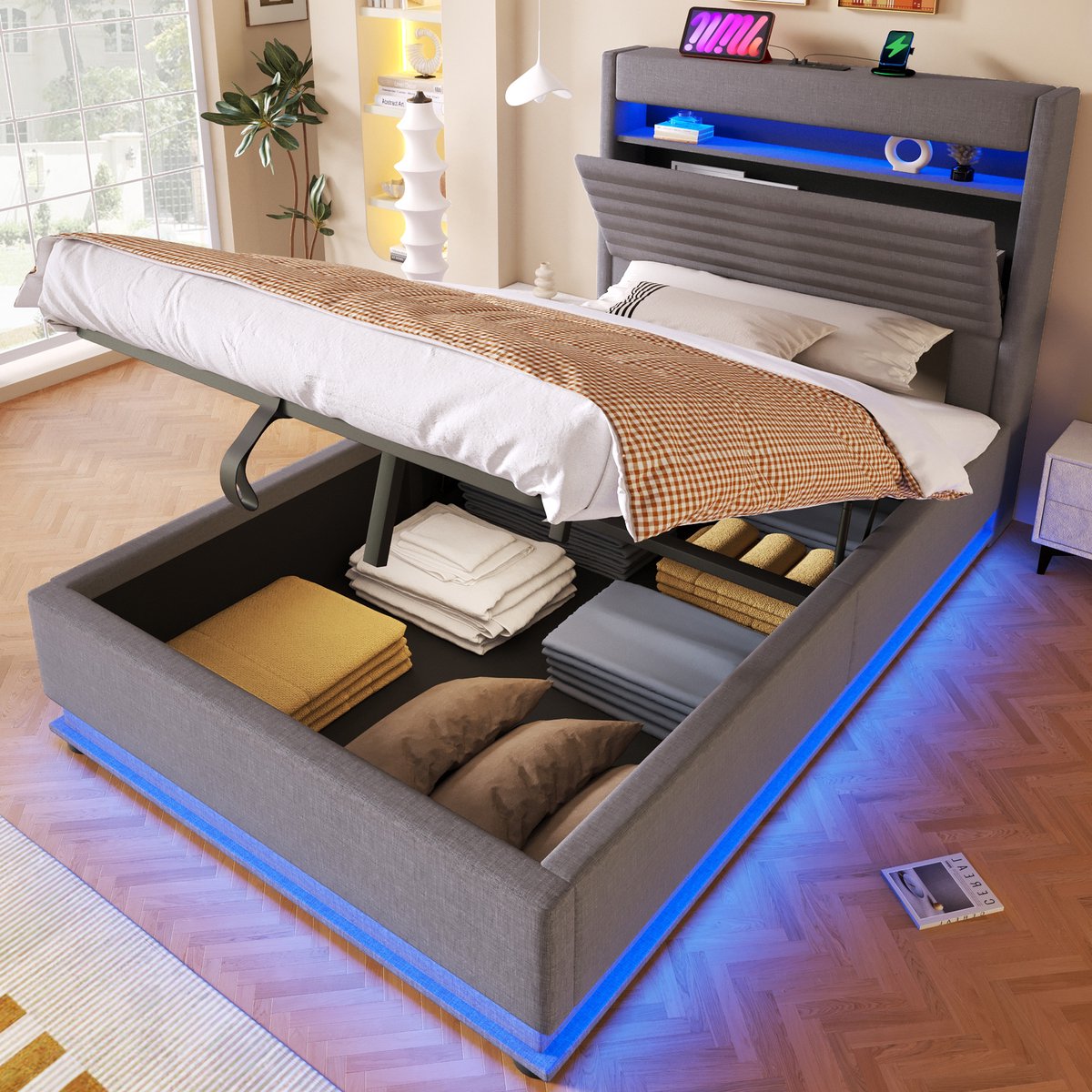 REDOM - Gestoffeerd Bed - Met Usb-En Usb-C-Laadfunctie - Ledverlichting - Opbergruimte - M