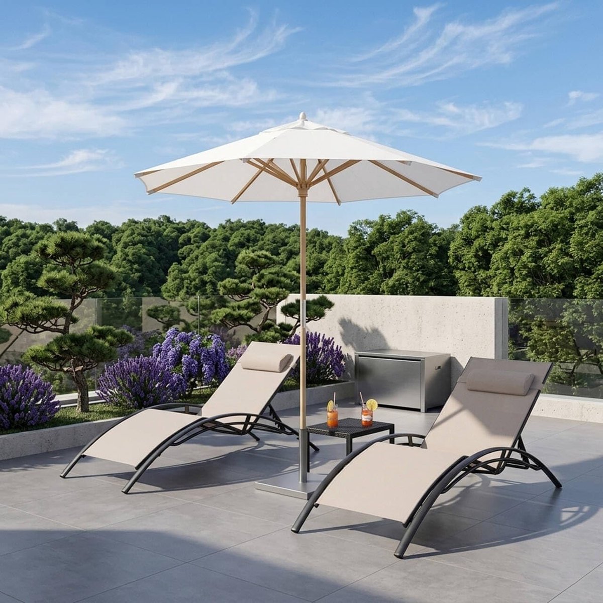 Purple Leaf Aluminium ligbedden met kussen extra groot - Set van 2 met bijzettafel - Khaki
