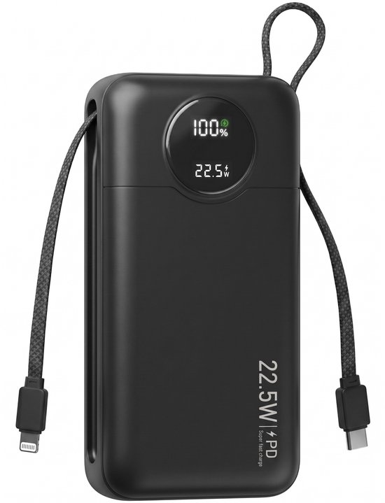 Zwarte powerbank met LED-display, type-c en lightning kabelaansluitingen.
