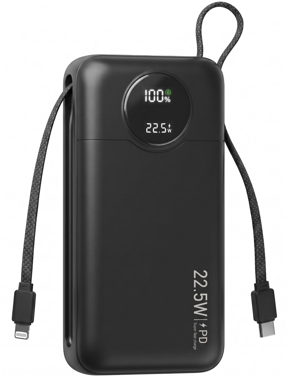 Cover van Nuvance Powerbank 20000 mAh - 22.5W Snellader Usb-C & 8-Pin - Noodpakket - 2 Poorten - 2 Geïntegreerde Kabels - Power Bank