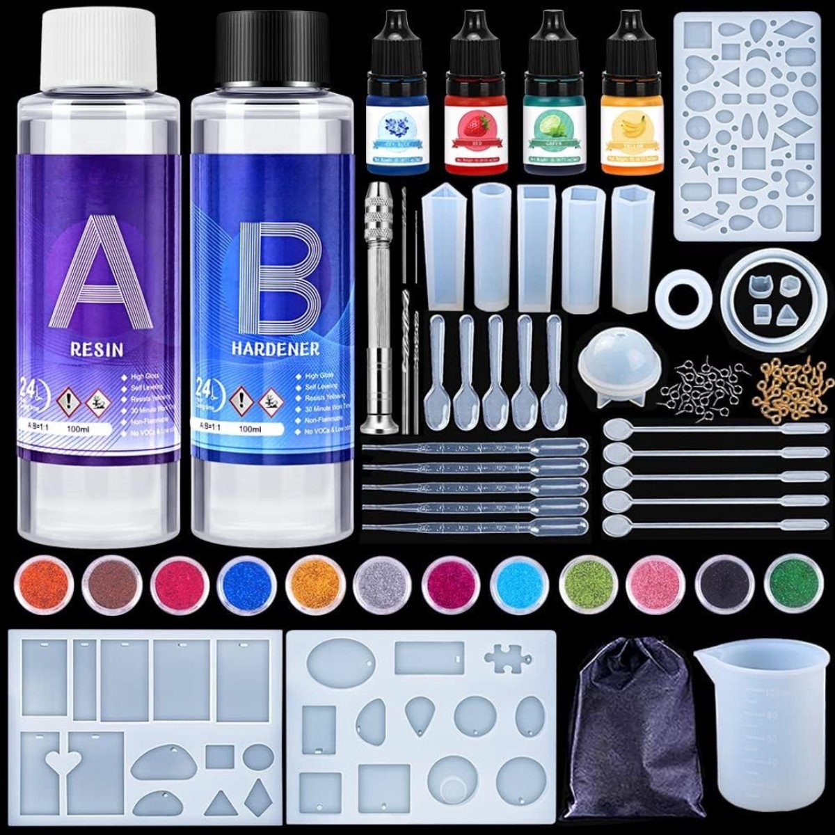 TIM® Epoxy Starterspakket - Zelf Sieraden Maken Set – Resin Starterskit Inclusief Giethars – Compleet Pakket voor: Sieraden, Ketting, Oorbellen, Armband, Ring, Sleutelhanger - Veelkleurig - 31cm x 19cm x 5 cm