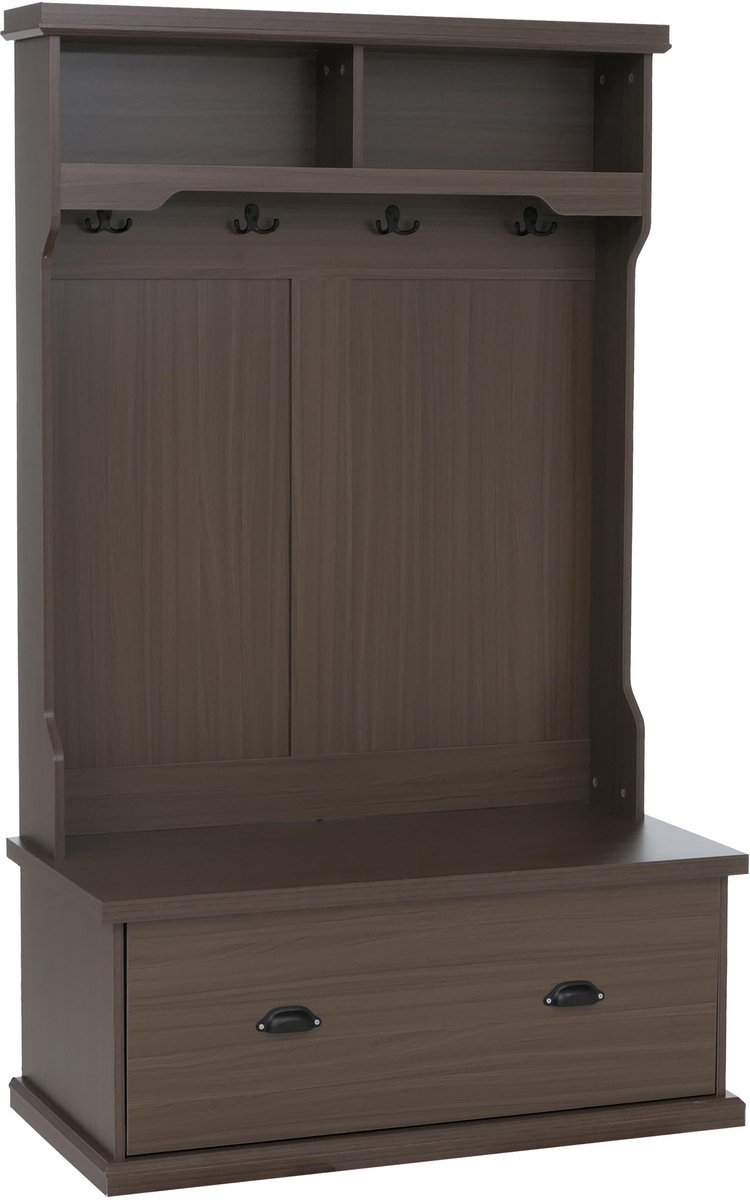 MCW Garderobekast MCW-P27, halgarderobekast, houten garderobekast met zitbank, 4 haken, opbergvak, melamine, 163 x 100 x 47 cm ~ walnootlook