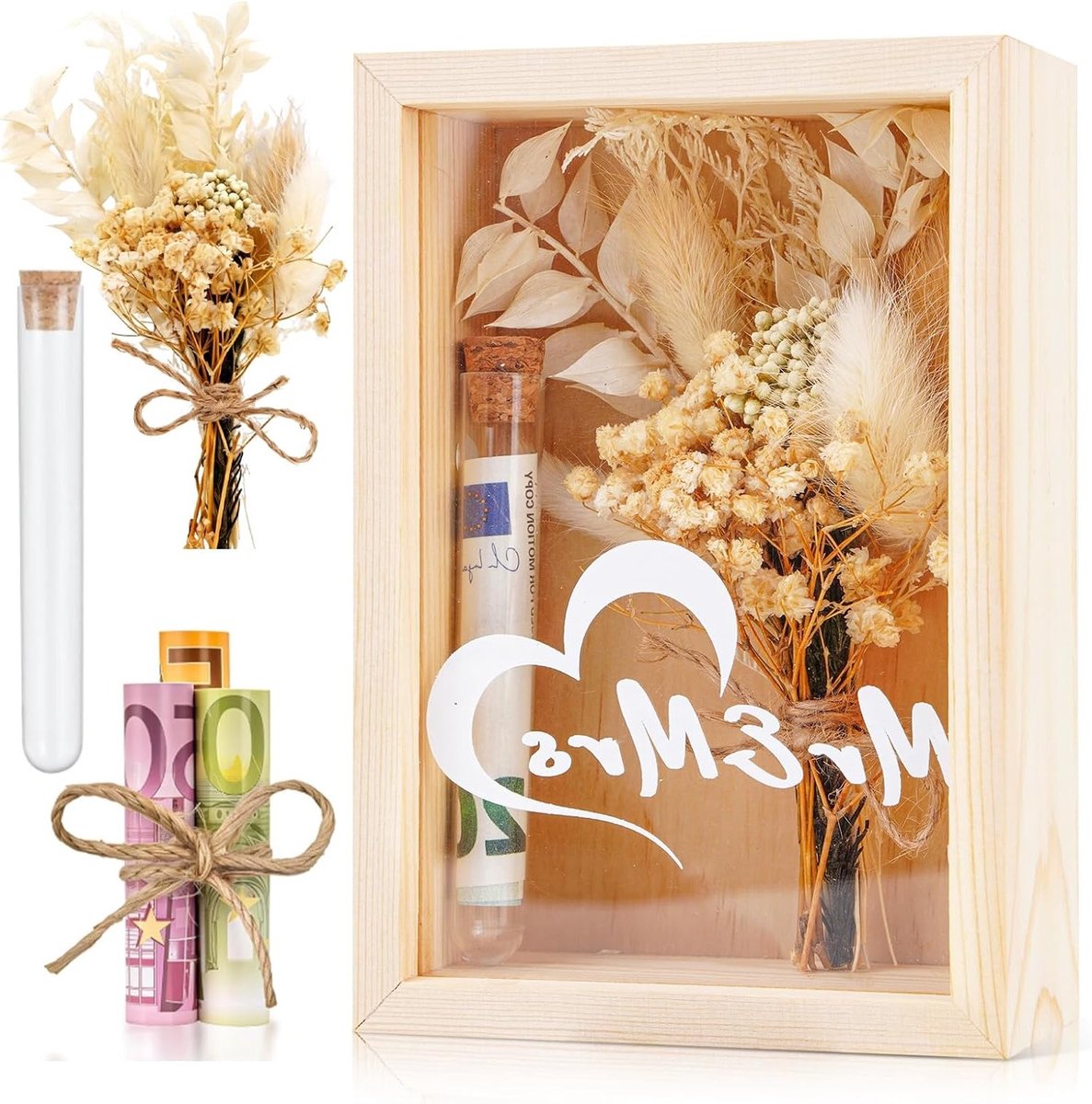 Huwelijksgeschenkdozen voor Bruidspaar, Geldgeschenkset met Houten Doos, Inclusief Gedroogde Bloemen en Proefslangen voor een Unieke Bruiloftservaring