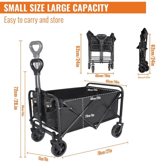 Opvouwbare Handkar - Campingwagen - Bolderkar voor Strand en Tuin - Opbergwagen met All Terrain Wielen - 600D Oxford Stof en Stalen Frame - Zwart - 150 Liter - Geschikt voor Kamperen en Boodschappen - Inklapbaar Ontwerp — afbeelding 3
