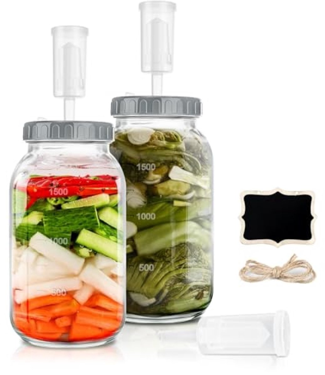 PromoHome fermentatiepotten 2-pack 2L Kimchi-container - Glazen pot met luchtslot voor zuurkool, zuurdesemstarter en kefir - Inclusief deksels