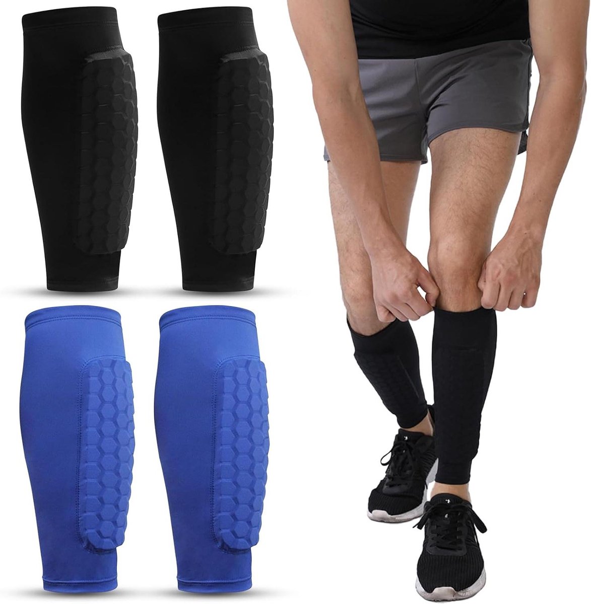 Scheenbeschermers voetbal, S/M/L skiën scheenbeschermers incl. beschermers met geoptimaliseerde insteekzak, kuitbescherming, schokbestendig, ademend en antislip
