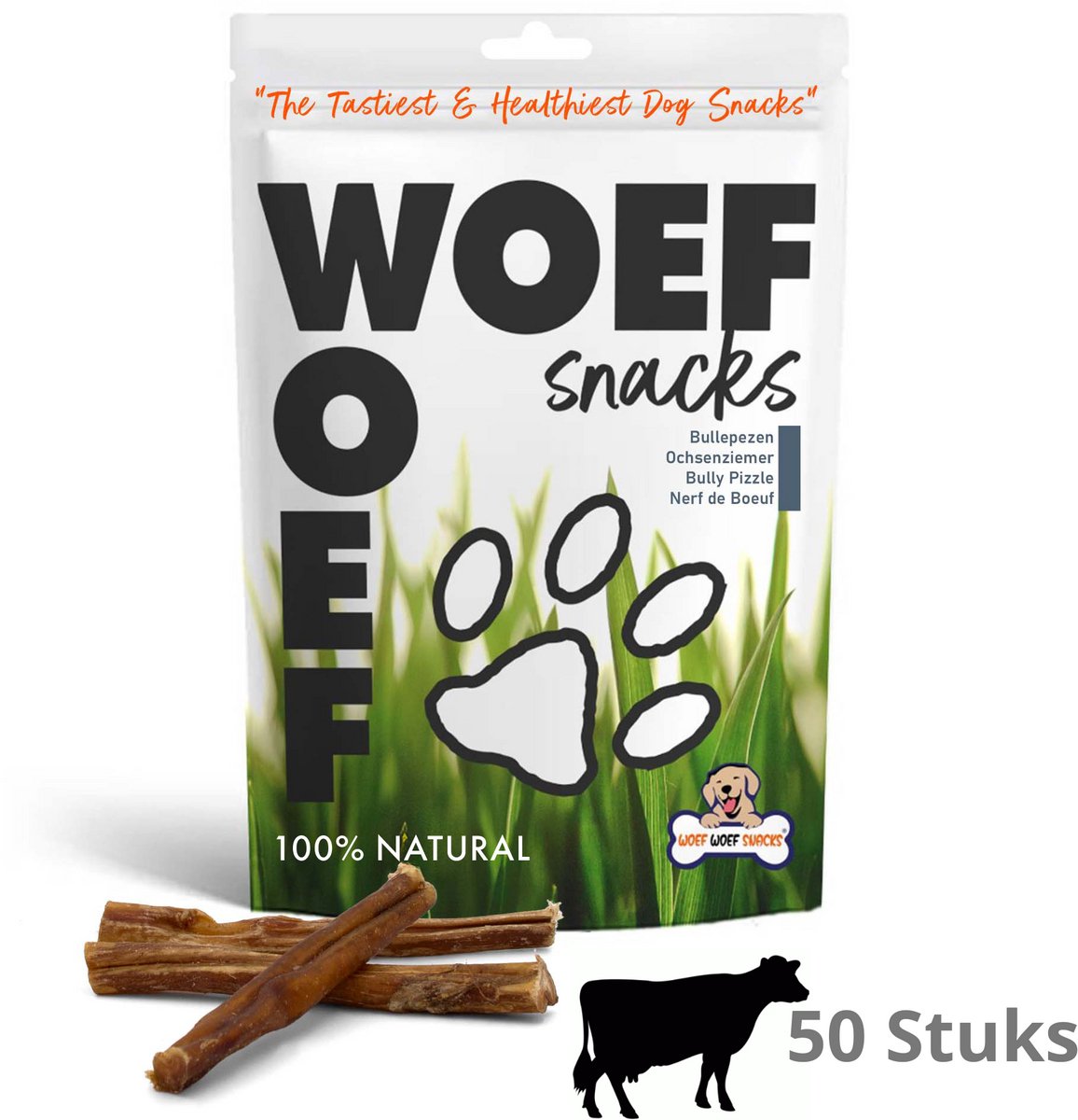 Woef Woef Snacks Hondensnacks Bullepezen 50 stuks - Kauwsnacks Gedroogd vlees Rund Alle honden vanaf 8kg Geen toevoegingen