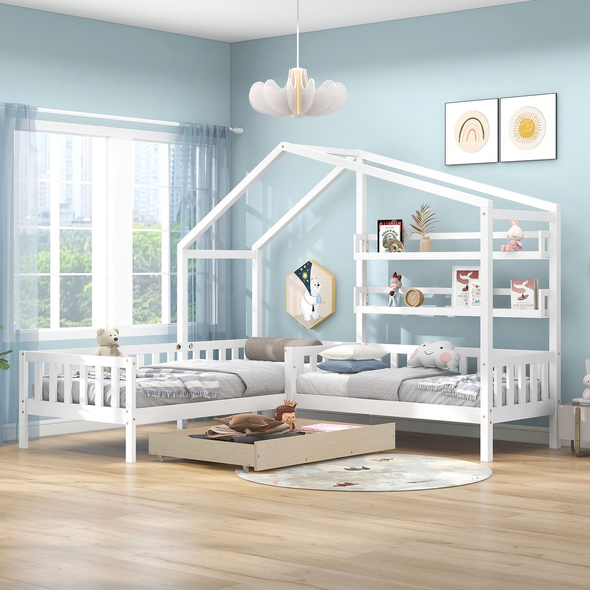 MODFU - Kinderbed In L-Vorm Met Laden En Planken - Huisvorm - Voor Slaapkamer - Hout En MDF - Wit - 243x209x183 Cm