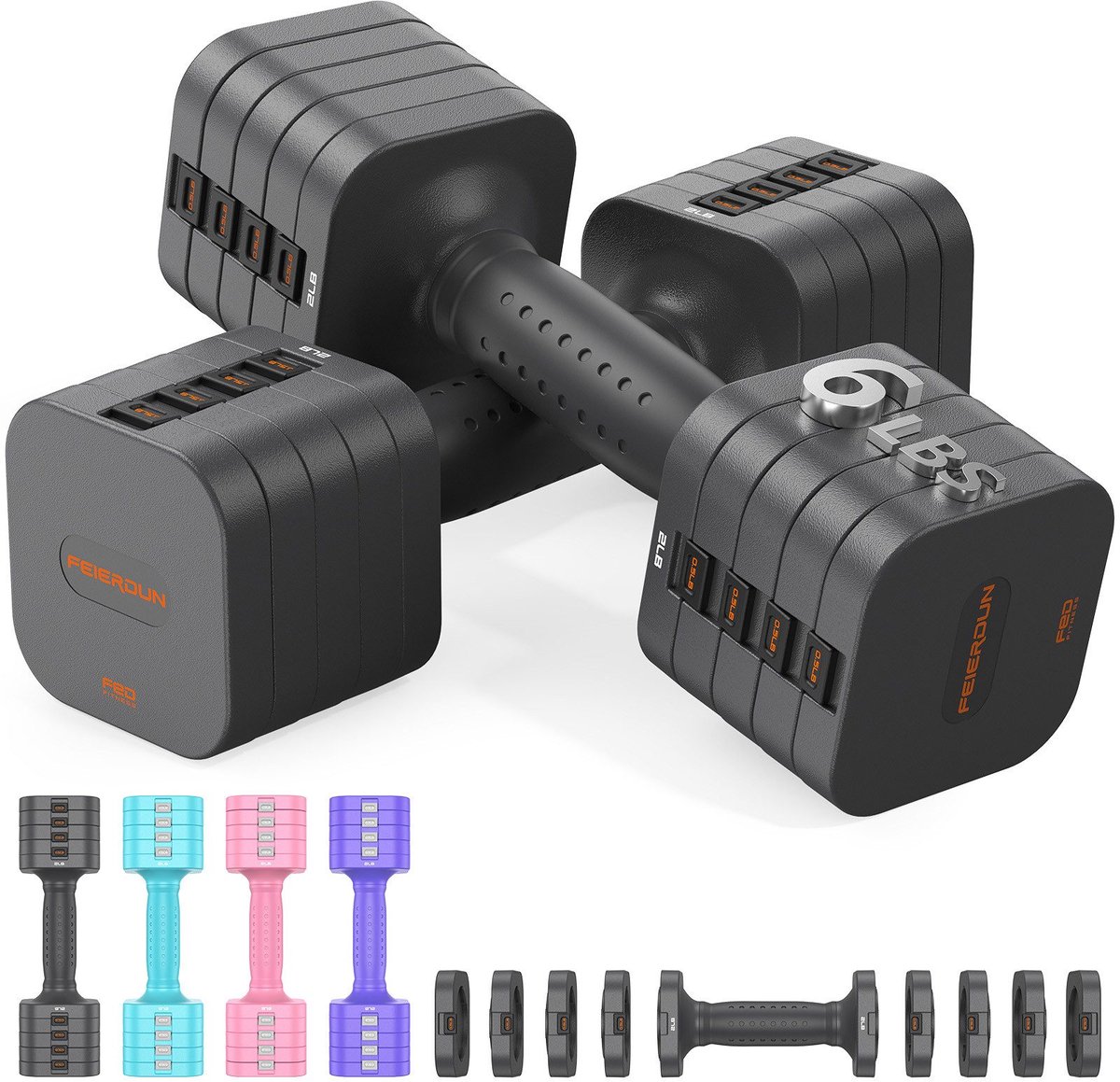 FEIERDUN - 5-in-1 hantel 2er set 2,7/5,4 kg grijs - 1s aanpassing - Thuis/fitnessstudio/outdoor voor vrouwen