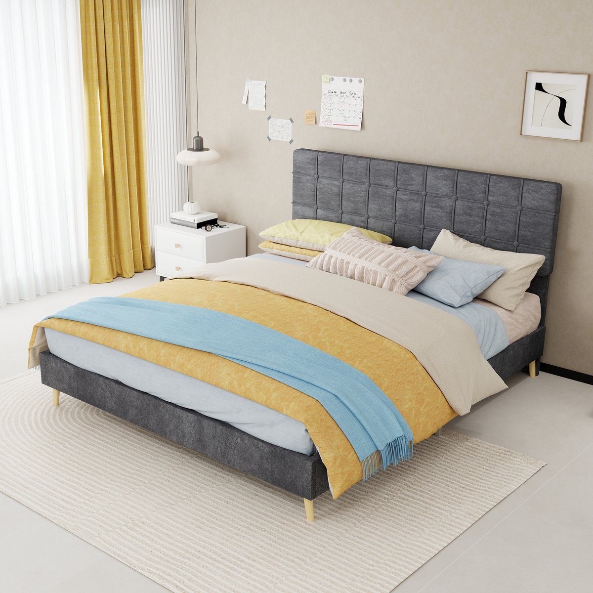 MODFU Bed - Geruit Hoofdbord - Houten Poten - Moderne Stijl - Slaapkamer - Fluweel - Grijs - 160 x 200 cm