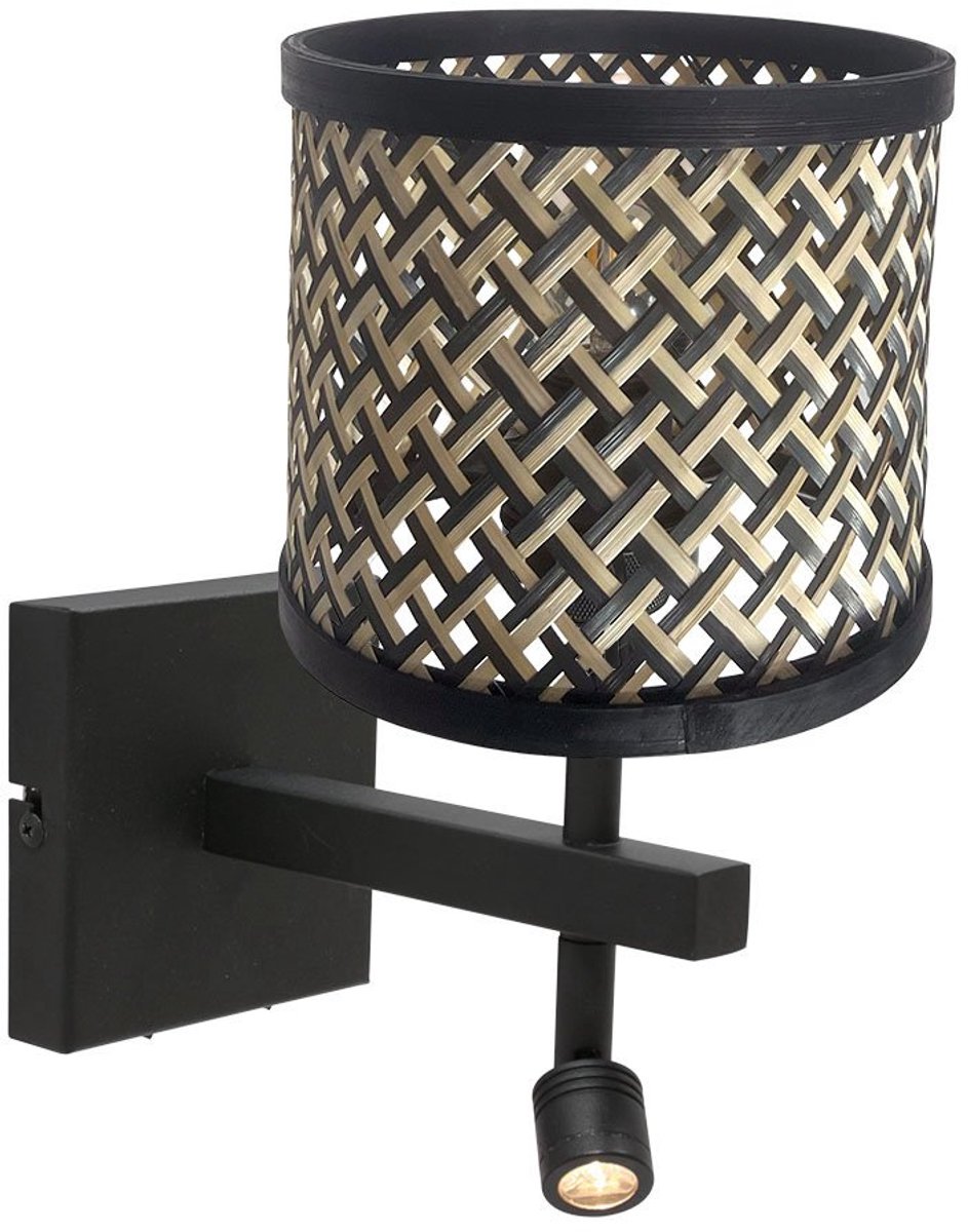 Wandlamp Stang 3701ZW met leeslamp van bamboe en metaal, trendy design, zwart, geschikt voor binnen, Steinhauer