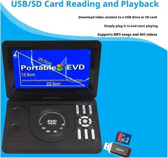 Draagbare DVD-speler - Mobiele EVD - Films Kijken - Ingebouwde TV-ontvangst - 101 inch Scherm - Zwart — afbeelding 3