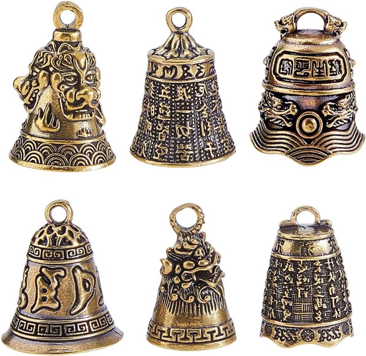 Vintage Messing Bellen - Kleine Bronzen Hangers - Decoratie en Geluid - 6 Stijlen Set - 6 Delige Set