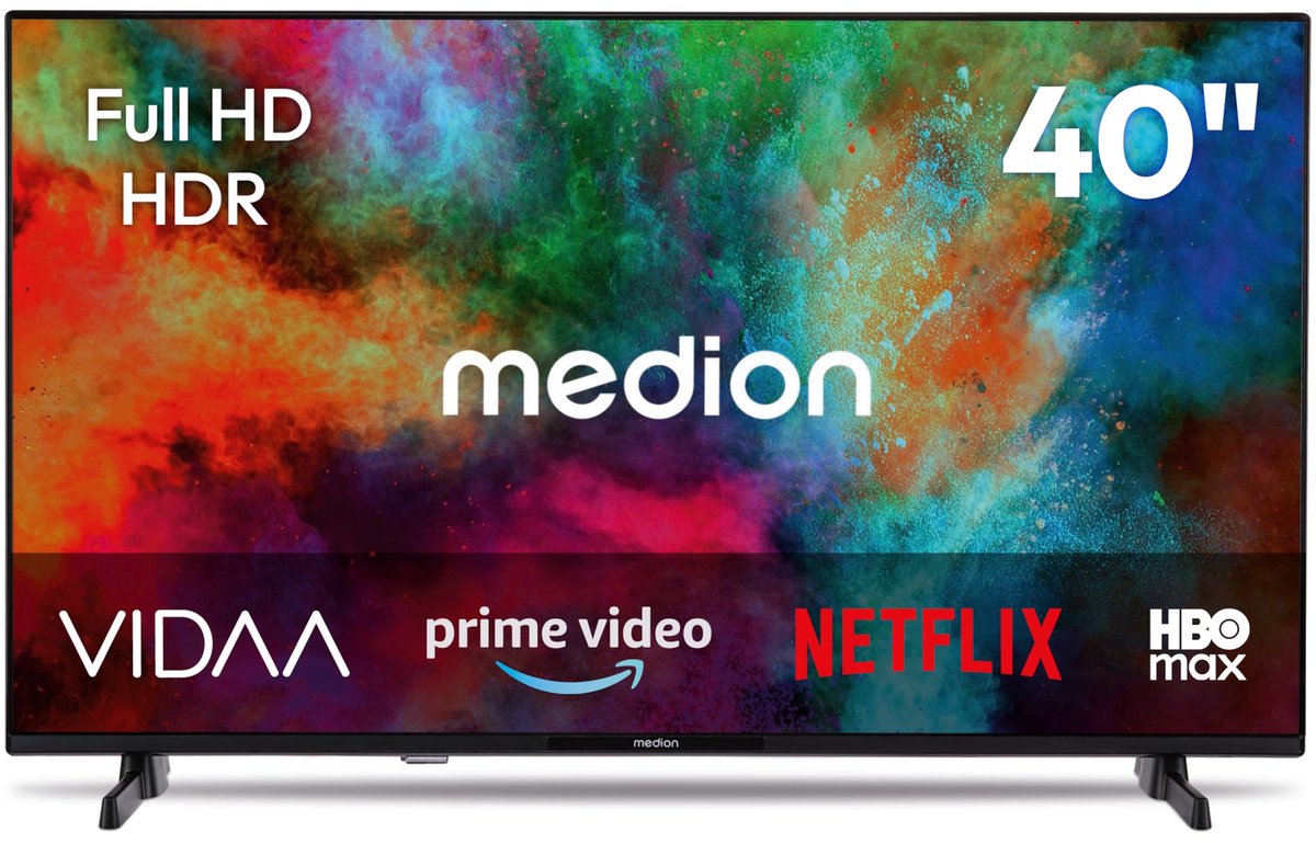 MEDION 100.3 cm 40" HD TV Smart TV HDR VIDA Store Prime Video Disney+ DAZN HbbTV PVR Bluetooth HD+, MD840101