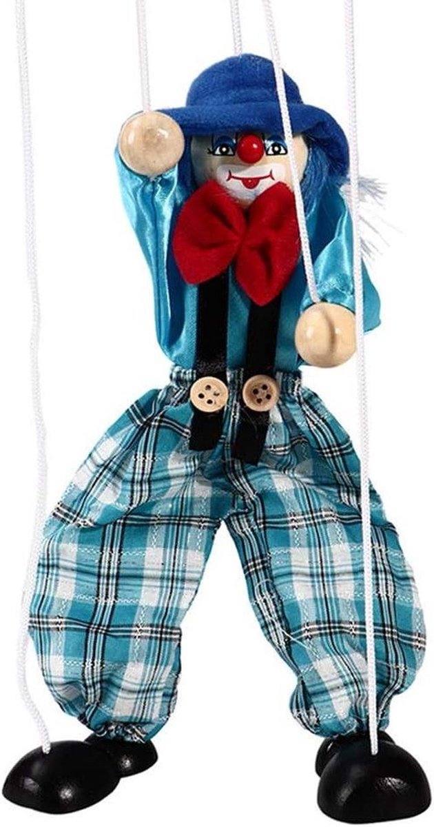 Clown Trekkoord Marionet - Houten Pop Speelgoed - Kinderspel Stimuleren - Bewegende Armen Benen - 19 cm - Blauw