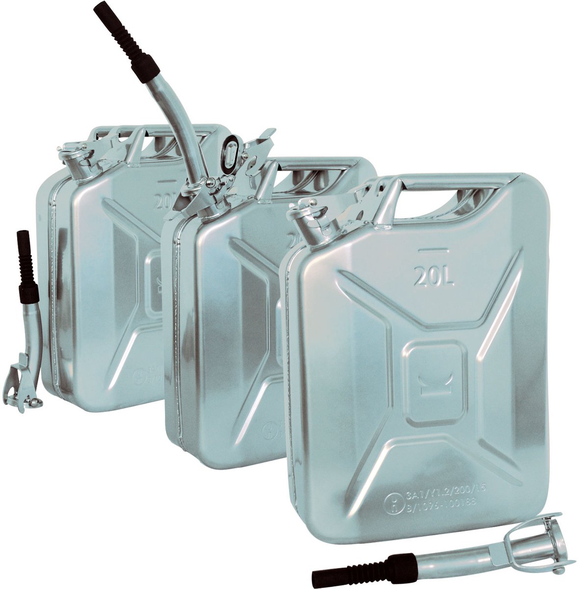 TRUTZHOLM - Metalen Jerrycan Set van 3 - 20 Liter - Zilver - Incl. Schenktuit - Benzine - Diesel - Stalen Brandstofkan