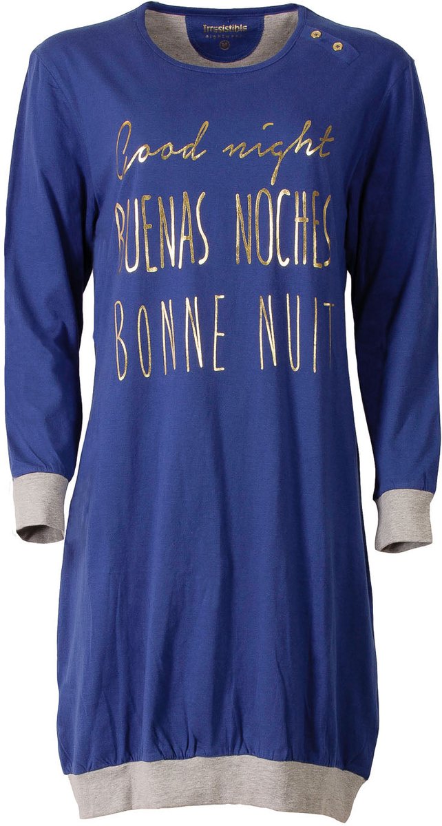 Irresistible Dames Nachthemd - Lange Mouwen - Ronde Hals - Blauw/Grijs