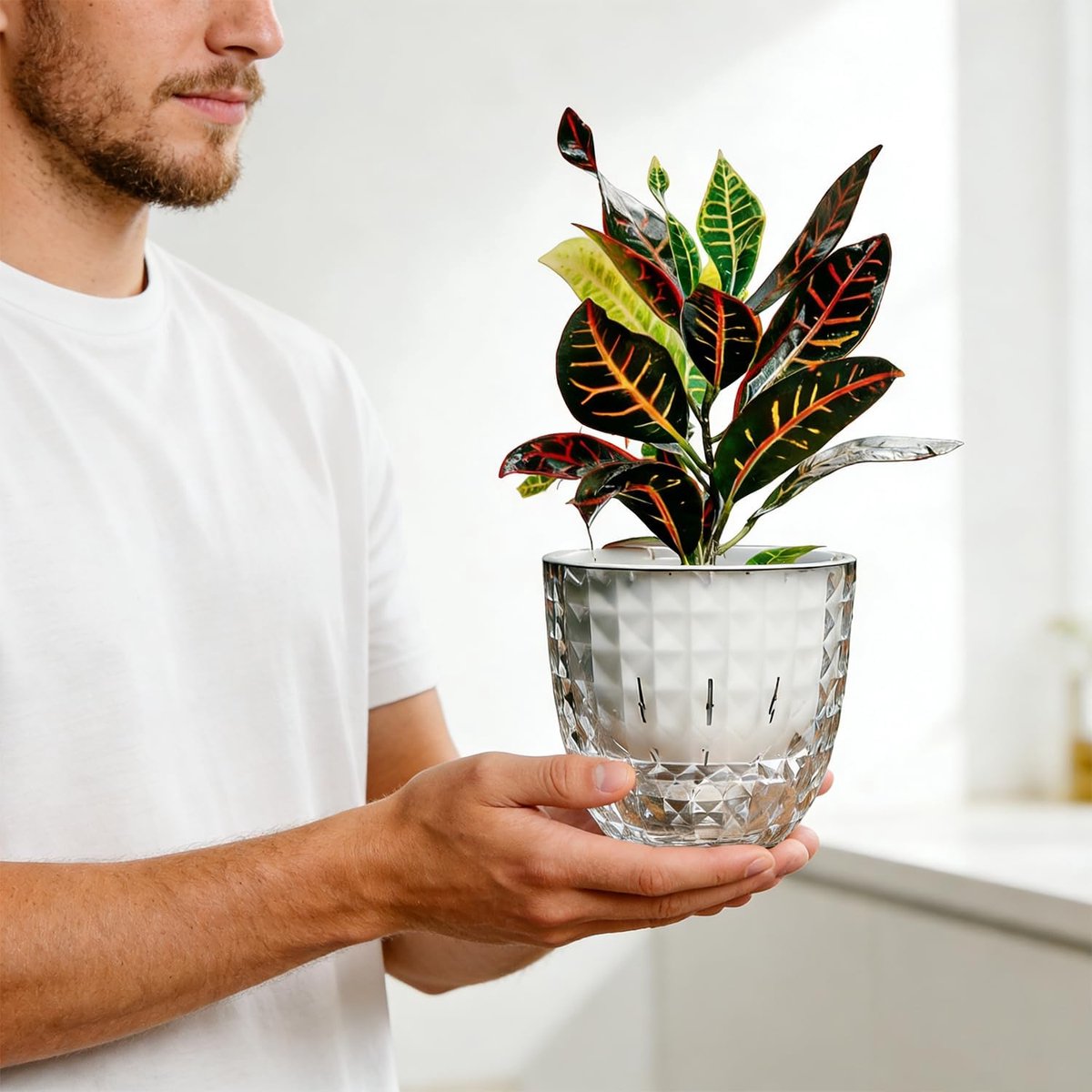 KZQ Zelfwaterende Bloempotten Set van 2, 10cm met Afvoergaten en Onderzetter, Moderne Kunststof Plantenpotten voor Binnen, Geschikt voor Vetplanten, Kruiden en Cactus — cadeau in Wonen & Interieur - foto 5