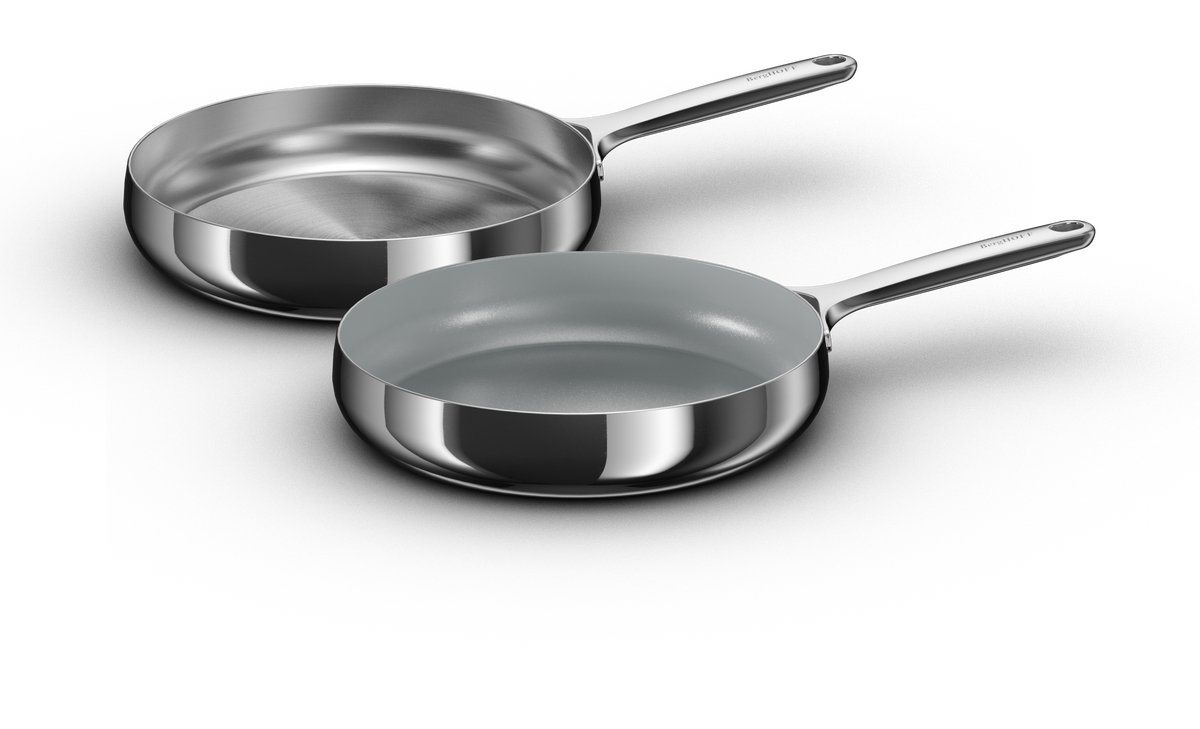 BergHOFF Home Belly Koekenpannen Set 2x Ø 28 cm – Duurzame RVS Braadpan – PFAS-Vrije Bakpan met & zonder Keramische Antiaanbaklaag – Geschikt voor Inductie & Oven – Stellar Steel