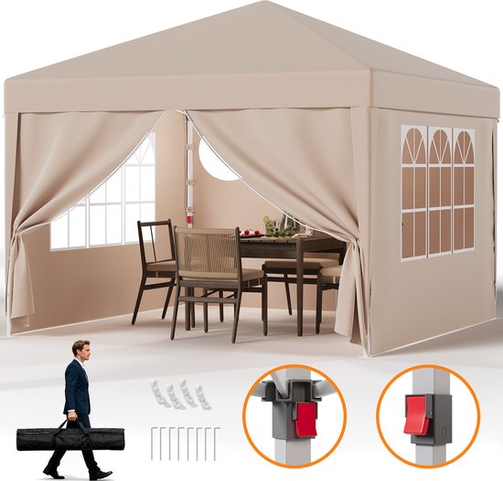 Devoko Partytent-Opvouwbaar Tuinpaviljoen 3x3 m met Zijwanden–Waterdicht & UV-bestendig–opbergtas–30 seconden pop-up opzet–Beige