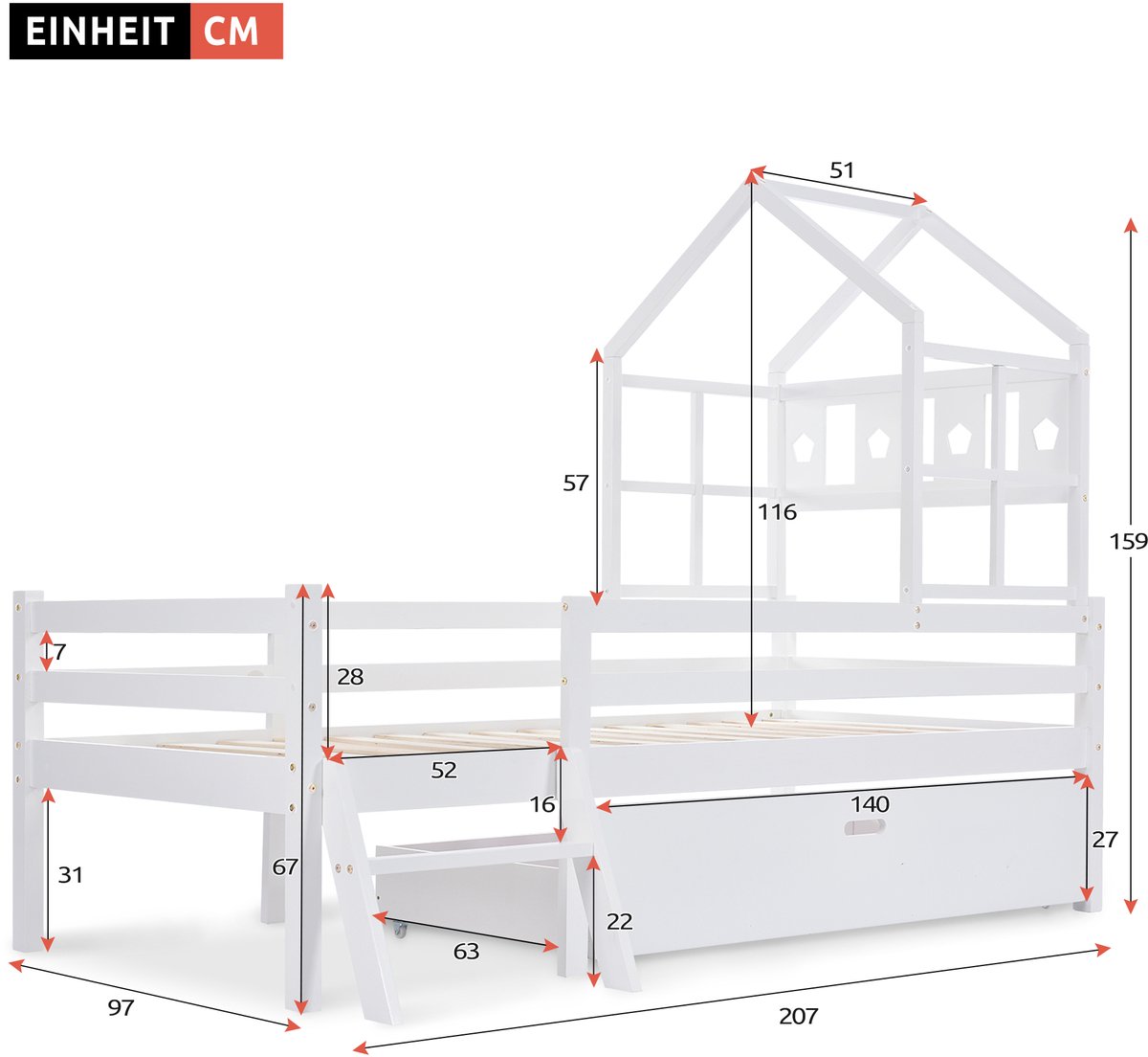 HAUSS SPOLE Kinderhoogslaper 90x200 cm - Met Ladder en Lade - Met Uitvalbeveiliging en Opbergruimte - Zonder Matras - Wit