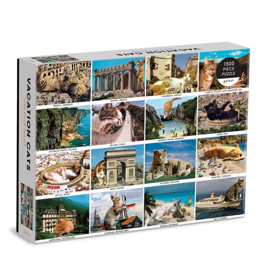 Doos met 1500 puzzelstukjes met de titel 'Vacation Cats', met afbeeldingen van katten op verschillende vakantiebestemmingen wereldwijd, zoals München, Beijing en Rome.