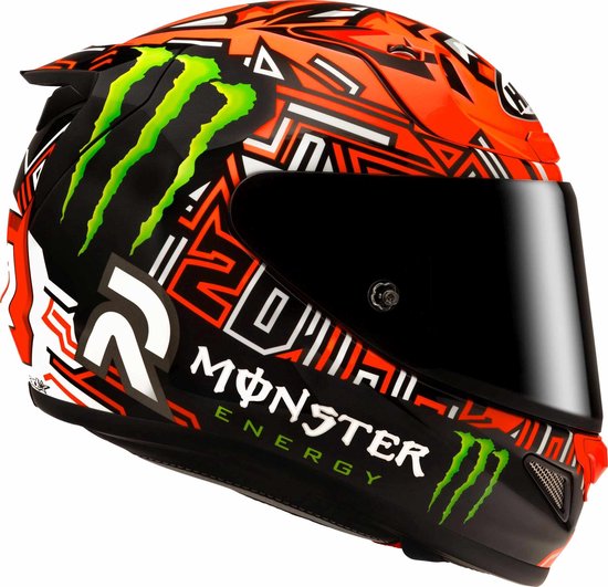 HJC motorhelm met zwart vizier, oranje en zwarte grafische patronen met Monster Energy logo's.