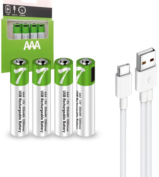 Vier AAA USB oplaadbare batterijen, groen met wit logo, 550mWh, 1200 keer oplaadbaar, met USB-C kabel.