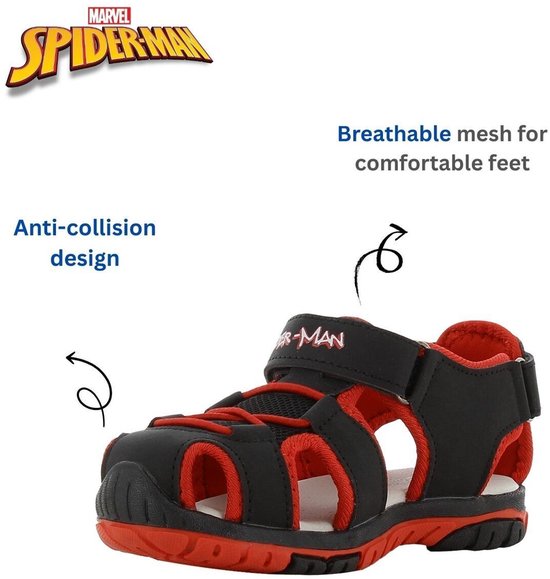 Zwarte en rode Spider-Man sandalen met klittenbandsluiting, anti-botsingsontwerp en ademende mesh.