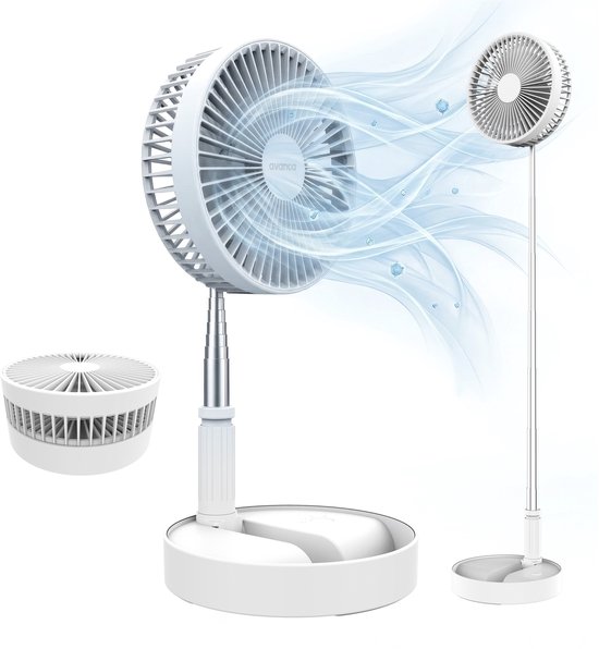 Verstelbare draadloze ventilator Sinji – USB oplaadbaar, opvouwbaar, 4 standen, stil, tafel- en vloermodel wit