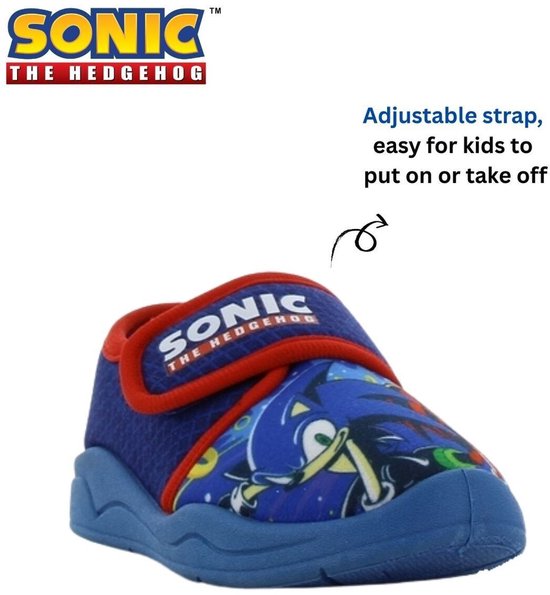Blauwe pantoffel met klittenbandsluiting en Sonic The Hedgehog print. Verstelbare band voor gemakkelijk aan- en uittrekken.