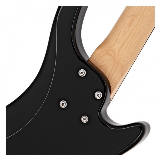 Zwarte body van een basgitaar met houten hals en 4 schroeven.