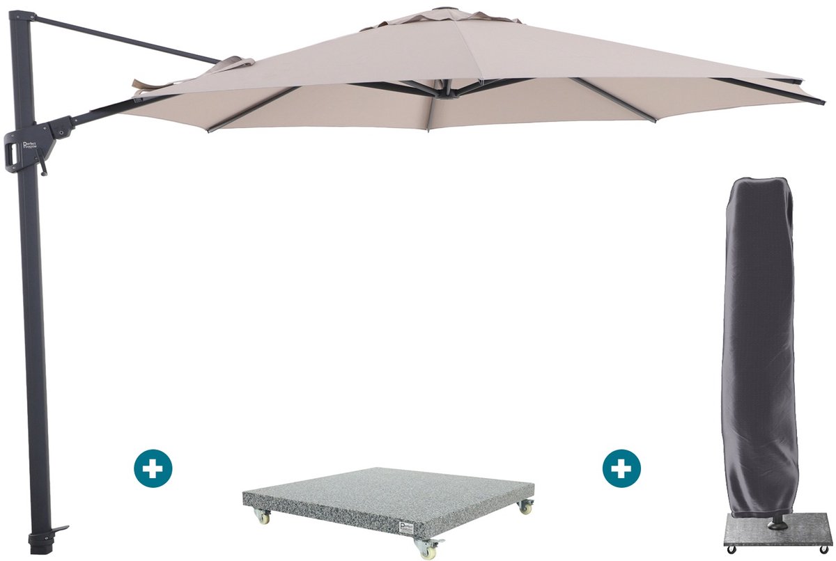 Perfect Shadow Luna ronde zweefparasol Ø350 cm. Flex+ - Antraciet/Taupe met Valencia voet en hoes