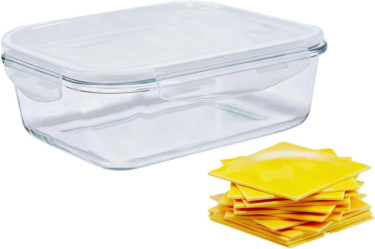 Famanu - Kaasdoos, koelkast van borosilicaatglas, transparante luchtdichte en vaatwasmachinebestendige kaasbox, vershouddoos voor kaas en voorraden, 22,1 x 16,5 x 6,8 cm