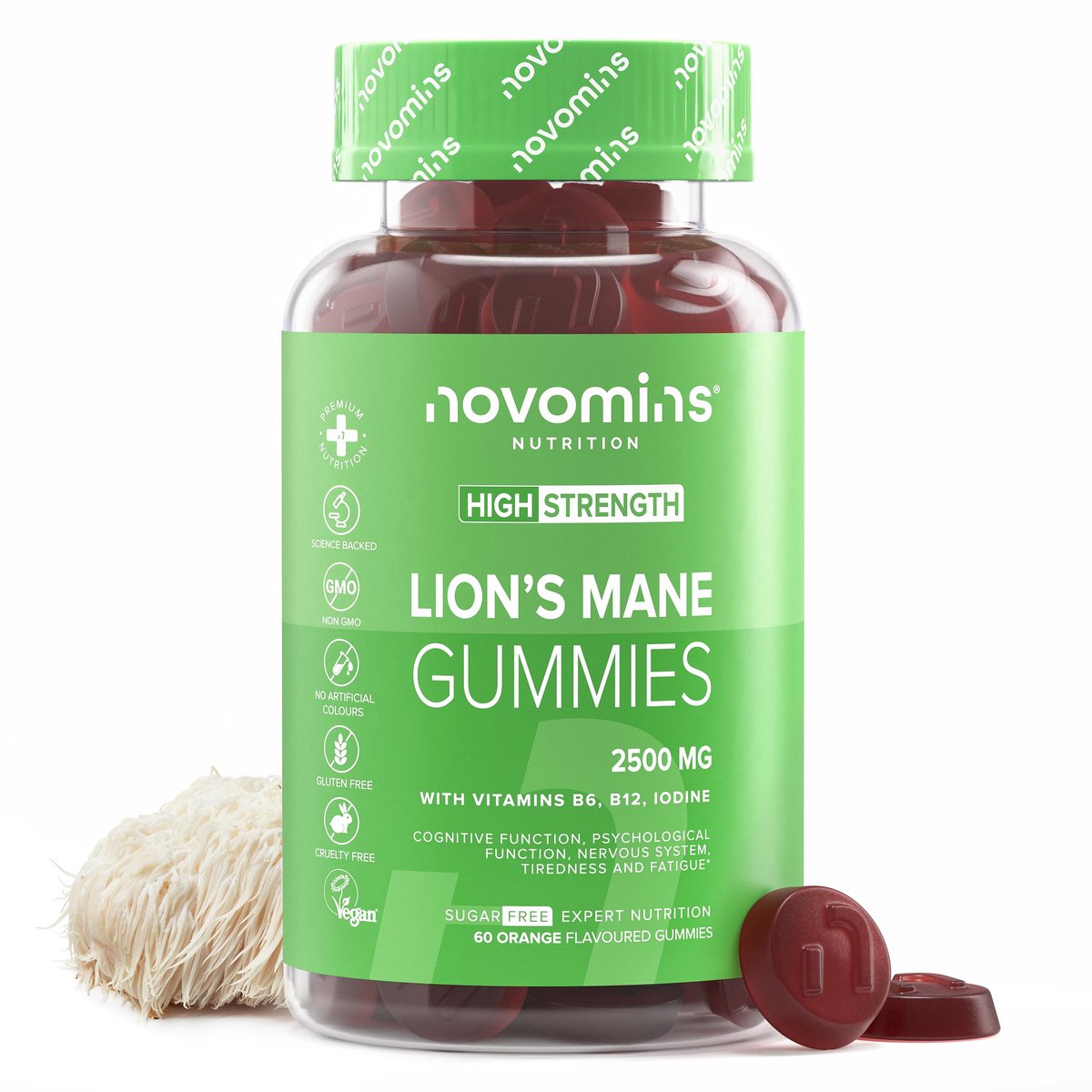 Lion's Mane 2500 mg, met Vitamine B6 & B12, 60 Gummies, Suikervrij, Vegan, Halal, Getest door Eurofins, Novomins