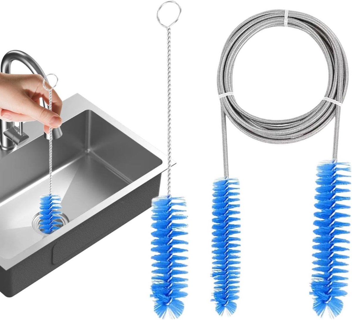 Afvoerborstel Set - Pijpreiniger Flexibel - Verstoppingen Verhelpen - Dubbele Borstels - 26 x 8 x 2 cm - Zilver