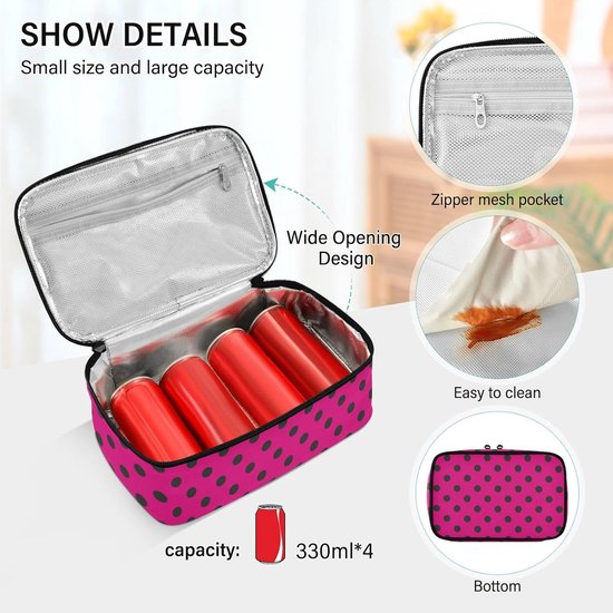 Geïsoleerde Lunchtas - Lunchbox Herbruikbaar - Maaltijd Meenemen - Voedseltemperatuur Behoud - 255 x 155 x 9 cm - Felroze Stippen — afbeelding 2