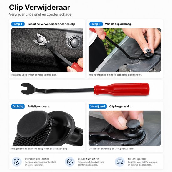 De stappen voor het gebruik van een clipverwijderaar met een rode handgreep, om auto-interieurclips te verwijderen.