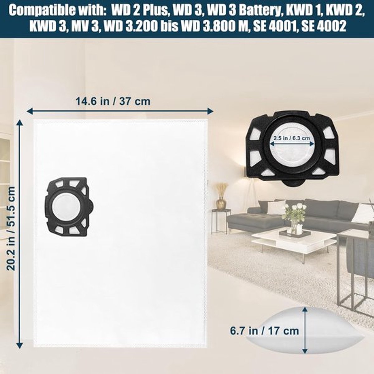357 10 stuks stofzuigerzakken geschikt voor Kärcher WD 2 Plus, WD 3, WD 3 Batterij, KWD 1, KWD 2, KWD 3, MV 3, WD 3.200 tot WD 3.800 M, SE 4001, SE 4002, vervangen deel 2.863-314.0