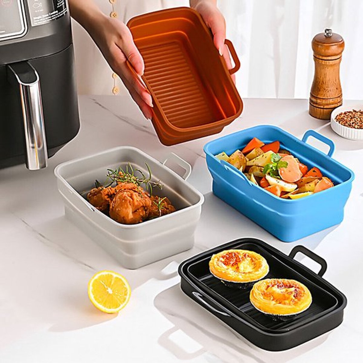 Opvouwbare vierkante siliconen pan geschikt voor NINJA Airfryer keuken verwarmingsplaat-zwart