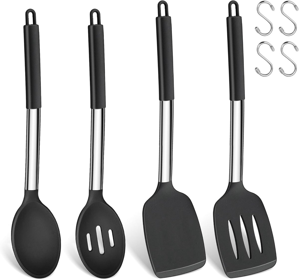 Set van 4 Siliconen Spatels en Kooklepels, Hittebestendige Keukenhulpmiddelen met RVS Handvat, Ideaal voor Koken, Bakken en Omdraaien, Vaatwasserbestendig