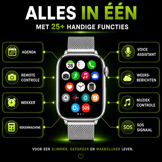 Royal Supplies RF-93 Smartwatch - Smartwatch Heren - Smartwatch Dames - Belfunctie- HD Touchscreen - Horloge - Stappenteller - Bloeddrukmeter - Saturatiemeter - IOS & Android -Screenprotector- Zilver staal